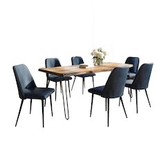 Seven Piece Solid Acacia Dining Set with Upholstered Mid-Century Modern Chairs