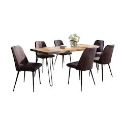 Seven Piece Solid Acacia Dining Set with Upholstered Mid-Century Modern Chairs