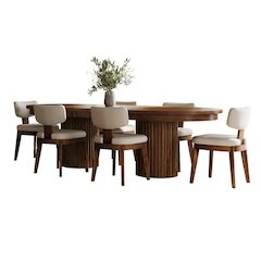 Auden 101" 7-Pc Mid-Century Modern Pedestal Dining Set, Upholstered Chairs