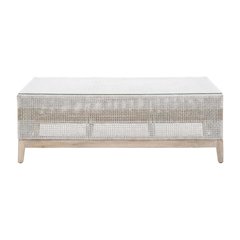 White Transitional Outdoor Coffee Table, Teak Wood Frame, Tempered Glass Surface