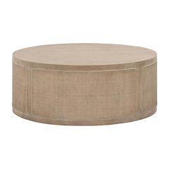Gray Transitional Cane Coffee Table with Solid Oak Wood and Oak Veneer Frame