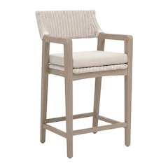Woven White Synthetic Wicker Outdoor Counter Stool With Reversible Cushion