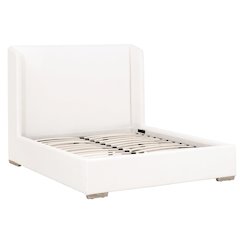 White Standard King Bed, Slanted Wing Headboard, Solid Oak Legs