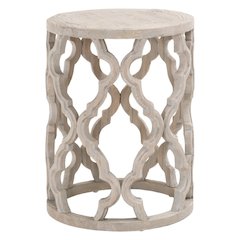 Gray End Table, Reclaimed Elm Wood, Plank Veneer, Carved Design
