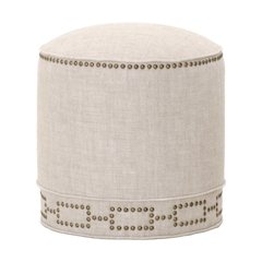 Round Ottoman Beige, Linen Blend, Nailhead Trim