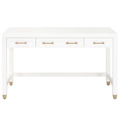 White Storage Desk with 3 Drawers, Brushed Brass Hardware, Metal Glides