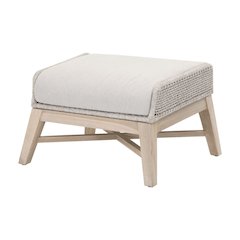 White Outdoor Footstool, Teak Base, Rope Weave, Removable Cushion