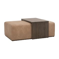 Brown Upholstered Coffee Table with Vegan Leather Top and Solid Wood Frame