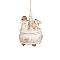 Ornament - White Music Box With Snowman - 3"H X 2.5"W X 2.5"D