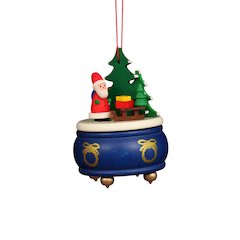 Ornament - Blue Music Box With Santa - 3"H X 2.5"W X 2.5"D