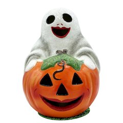 Paper Mache Candy Container - Ghost On Pumpkin