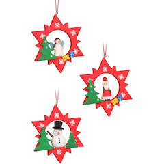 Ornament - Assorted Red Stars With Snowman/Santa/Angel- Set 6