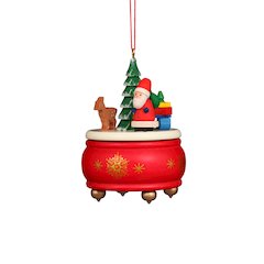 Ornament - Red Music Box With Santa - 3"H X 2.5"W X 2.5"D
