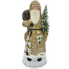 Paper Mache Candy Container -Santa With Tree And Gold Coat