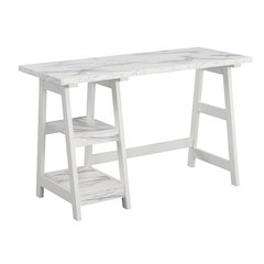 Designs2Go Trestle Desk with Shelves, White Faux Marble/White