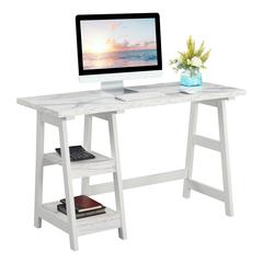 Designs2Go Trestle Desk with Shelves, White Faux Marble/White