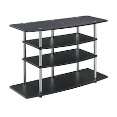 Black No Tools Wide Highboy TV Stand, Particle Board Shelves, Steel Poles