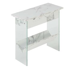 SoHo Flip Top End Table with Charging Station and Shelf, White Faux Marble/Glass