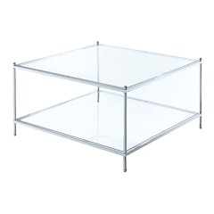 Royal Crest 2 Tier Square Glass Coffee Table, Clear Glass/Chrome Frame