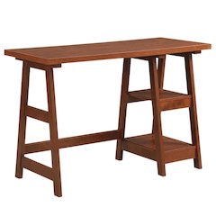 Rustic Wooden Trestle Desk With Shelves And Melamine Overlay For Home Office