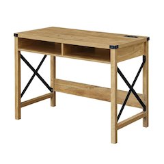 Sturdy Black And Oak Office Desk With Charging Station And Modern Design