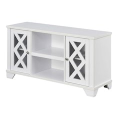 White TV stand with storage cabinets and open shelves for 55-inch TVs