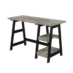 Modern Trestle Desk With Shelves In Faux Birch And Black Finish For Office Space