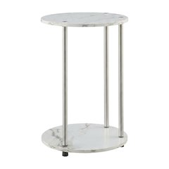 Round End Table with Faux White Marble Top and Chrome Finish