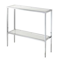 Gray Glass Chrome Hall Table with Lower Shelf, Slim Metal Frame, Modern