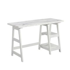 White Faux Marble Trestle Desk With Shelves And Mdf Construction
