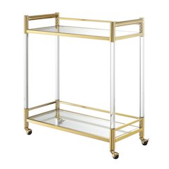 Bar Cart with 2 Tiers of Glass, Acrylic Legs, Locking Casters in Gold Chrome