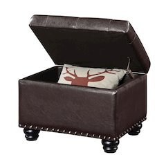 Storage Ottoman Footrest Chair in Brown Faux Leather, Pressure Hinge