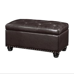 Storage Ottoman Bench Vegan Leather in Brown, Nailhead Accent, 35.5-inch