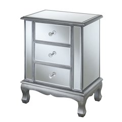 3-Drawer End Table with Mirror Finish, Glam Style, Silver, Quick Easy Assembly