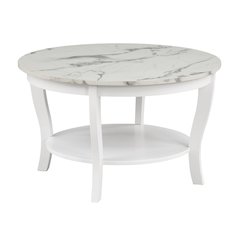 Round Coffee Table, White, Faux Marble Top, Curved Legs