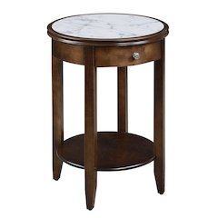 Faux Marble End Table, White, Drawer, Shelf, Espresso Wood
