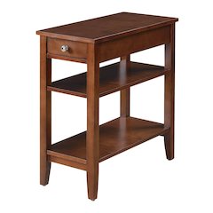 Chairside End Table with 3 Shelving Tiers, Red Wood, Drawer for Concealed Items