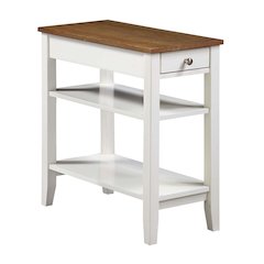 Chairside End Table, Brown, Drawer, Three Tier Shelf, Narrow