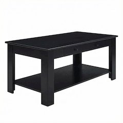 Black 2-Drawer Coffee Table with Shelf and Metal Knobs, MDF Construction