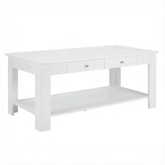 White Coffee Table with 2 Drawers and Shelf MDF Top Brushed Nickel Knobs