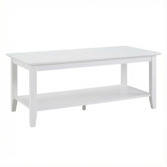 White Rectangle Coffee Table with Shelf MDF Top Rubberwood Legs Durable Design