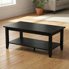 Black Rectangle Coffee Table with Shelf MDF Top Rubberwood Legs Durable Finish