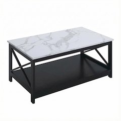 White Faux Marble Coffee Table with Black MDF Shelf and Sturdy Frame