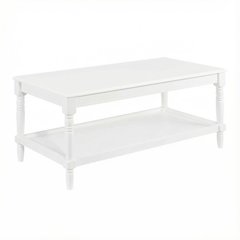 White Coffee Table with Shelf Rubberwood Legs and MDF Top for Living Room