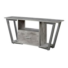 Gray TV stand with single drawer and shelf for 65-inch TVs, powder-coated metal