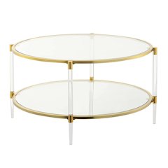 Acrylic Coffee Table with 2 Tiers of Glass, Gold Frame, Contemporary Style, 34"
