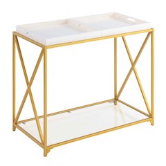 St. Andrews Console Table with Shelf and Removable Trays, White/Gold