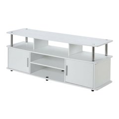 White TV stand with particle board and stainless steel accents, modern design
