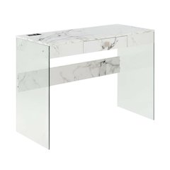 Glass Desk, Charging Station And Faux White Marble Finish For Modern Workspace