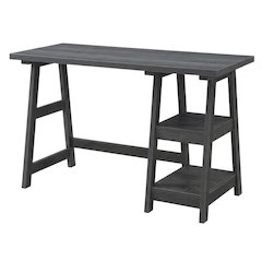 Wooden Trestle Desk With Shelves And Melamine Overlay For Office Space